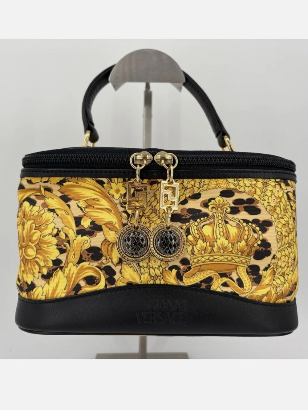 GIANNI VERSACE Leopard Vanity Handbag Leather Yellow Black